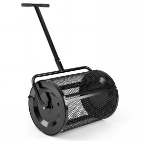 Esparcidor de Compost de 31 cm con Rodillo para Musgo de Turba y Mango en T Ajustable en Altura con Cesta de Malla Metálica para Jardín o Césped Negro