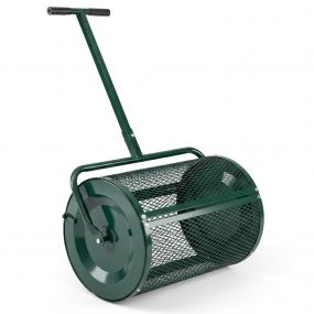 Esparcidor de Compost de 31 cm con Rodillo para Musgo de Turba y Mango en T Ajustable en Altura con Cesta de Malla Metálica para Jardín o Césped Verde