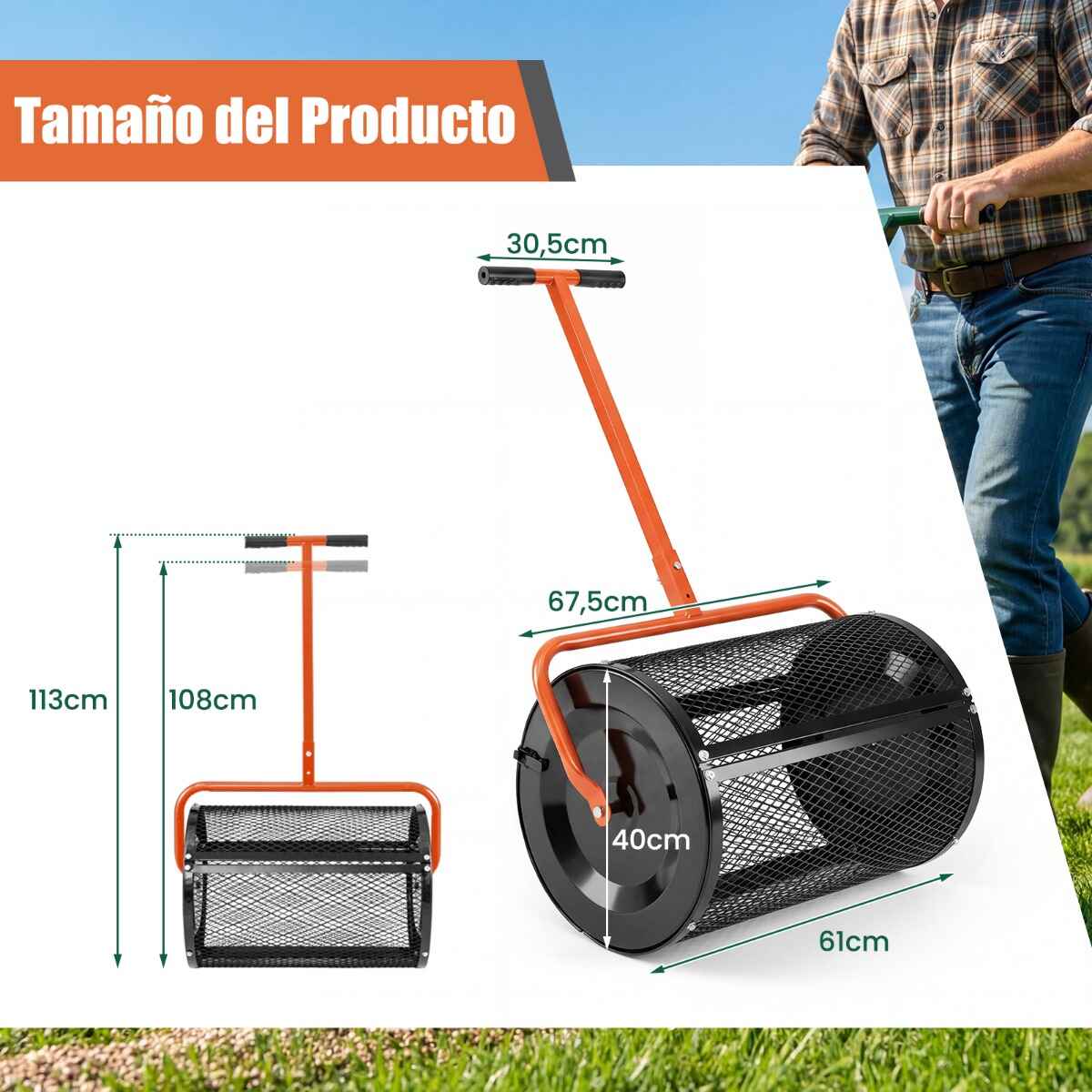 Esparcidor de Compost 31 cm con Rodillo para Musgo de Turba y Mango en T Ajustable en Altura con Cesta de Malla Metálica para Jardín o Césped Naranja