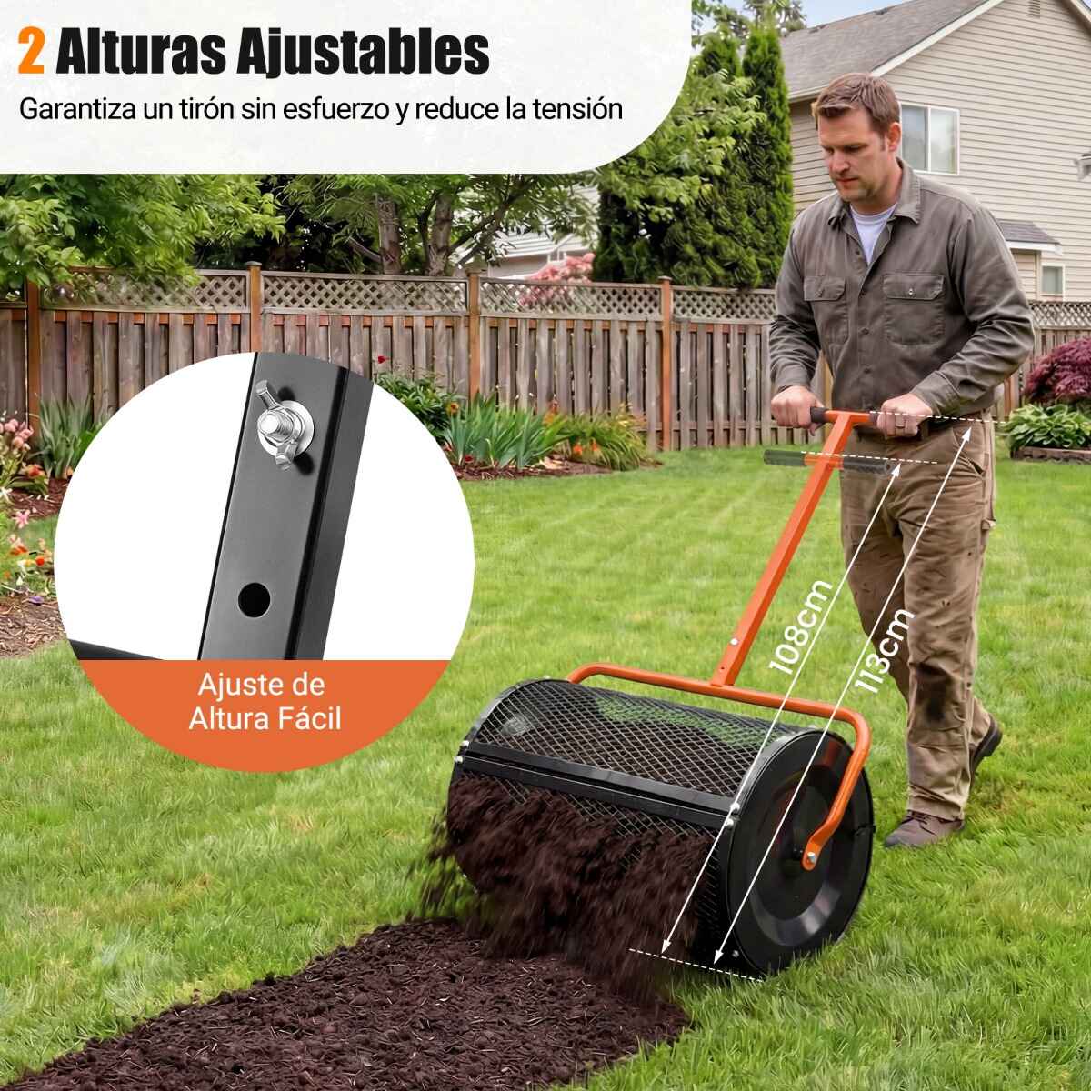 Esparcidor de Compost 31 cm con Rodillo para Musgo de Turba y Mango en T Ajustable en Altura con Cesta de Malla Metálica para Jardín o Césped Naranja