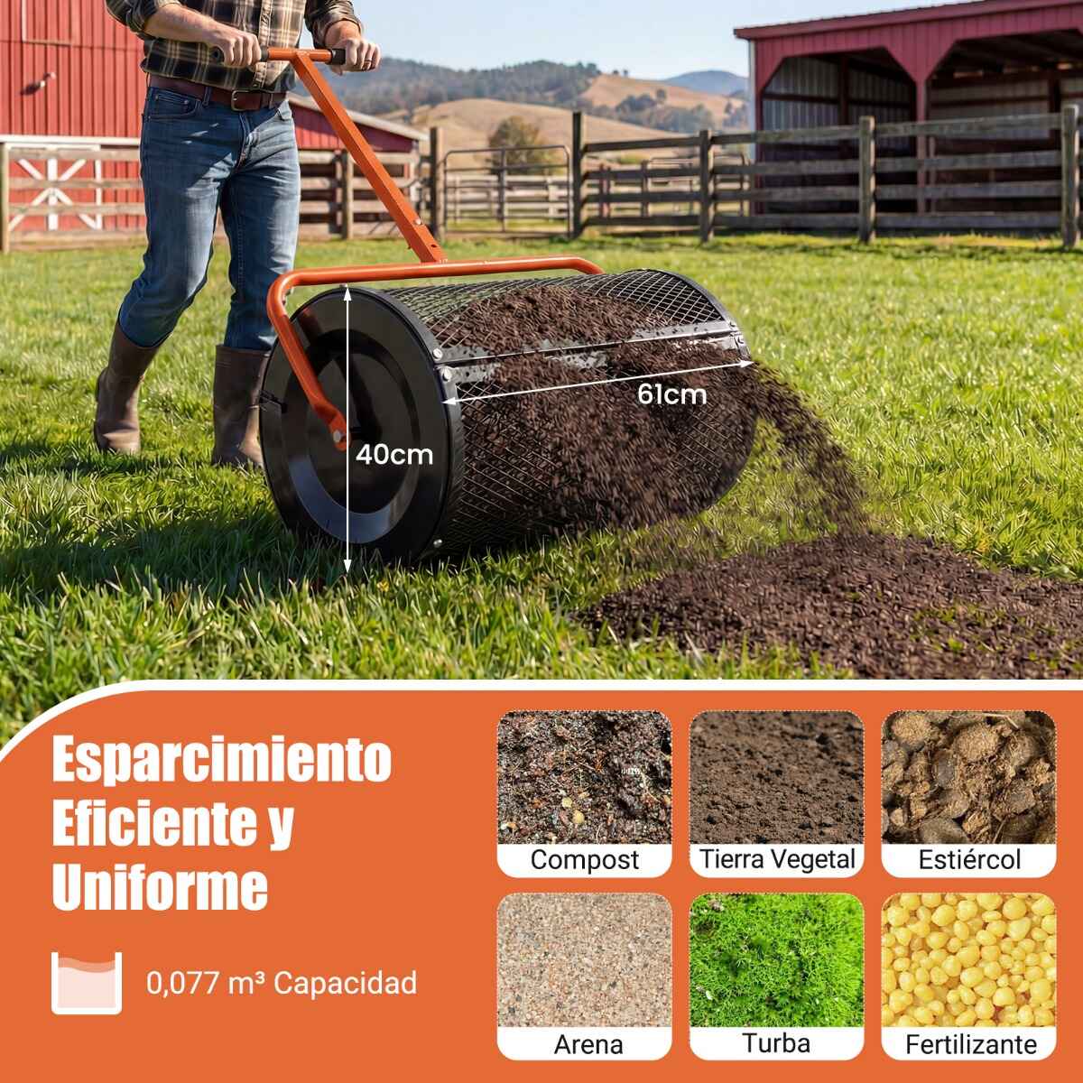 Esparcidor de Compost 31 cm con Rodillo para Musgo de Turba y Mango en T Ajustable en Altura con Cesta de Malla Metálica para Jardín o Césped Naranja