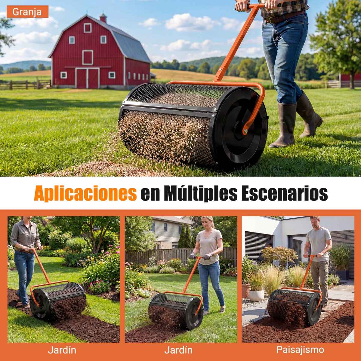Esparcidor de Compost 31 cm con Rodillo para Musgo de Turba y Mango en T Ajustable en Altura con Cesta de Malla Metálica para Jardín o Césped Naranja