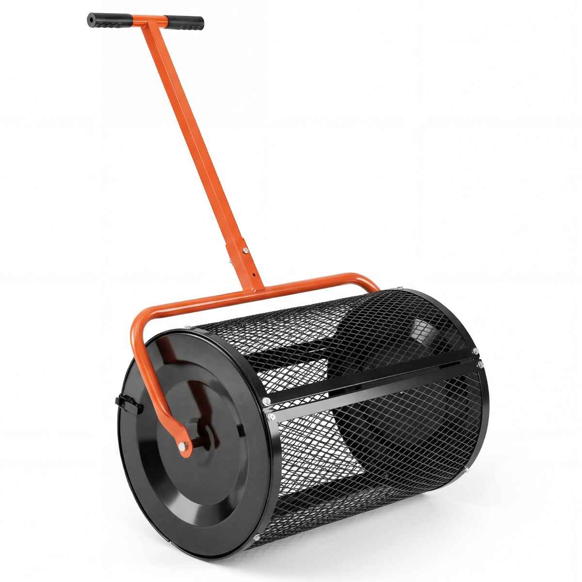 Esparcidor de Compost 31 cm con Rodillo para Musgo de Turba y Mango en T Ajustable en Altura con Cesta de Malla Metálica para Jardín o Césped Naranja