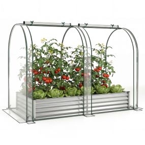 Huerto urbano con invernadero de PVC transparente, jardinera de metal galvanizado, 2 ventanas, 180x90x30 cm, plateado