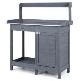 Mesa de trabajo de jardín de abeto con cajón, armario y encimera inoxidable, gris, 112 x 46,5 x 125 cm, carga 50 kg