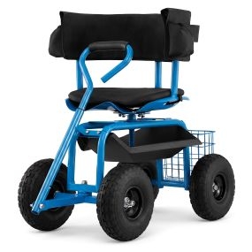 Carrito de jardinería con asiento giratorio 360°, altura ajustable, 4 ruedas todoterreno, azul