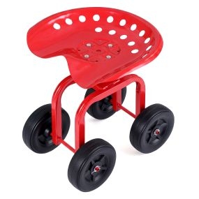 Asiento de jardín con ruedas todoterreno, altura ajustable, giratorio 360°, marco metálico, 150 kg, rojo