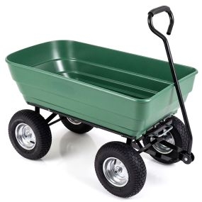 Carretilla de jardín basculante 125 L con mango ajustable, 4 ruedas grandes y marco metálico verde