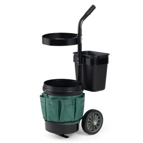 Carro de jardín para herramientas con 2 cubos desmontables y estructura metálica verde