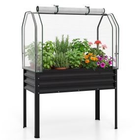 Jardinera Elevada con Invernadero Cama Jardín Metal Galvanizado con Cubierta Protección Puerta Enrollable para Patio Terraza Balcón Negro