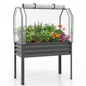 Jardinera Elevada con Invernadero Cama Jardín Metal Galvanizado con Cubierta Protección Puerta Enrollable para Patio Terraza Balcón Gris