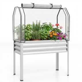 Jardinera Elevada con Invernadero Cama Jardín Metal Galvanizado con Cubierta Protección Puerta Enrollable para Patio Terraza Balcón Plata