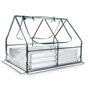 Jardinera elevada con invernadero y 2 ventanas enrollables galvanizada base abierta plateada