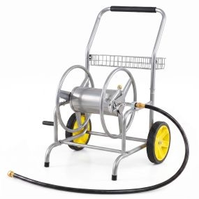 Carro para Manguera de Jardín con Dos Ruedas Manivela para Enrollar y Cesta de Almacenamiento Metal Resistente 60 x 57 x 90 cm Plateado