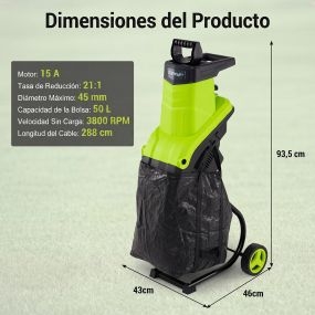 Trituradora de ramas eléctrica 2500W con ruedas, corte 45 mm, bolsa 50 L y paleta verde