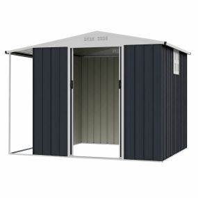 Cobertizo de almacenamiento metálico con compartimento para leña, puerta con cerradura, ventana, gris, 244 x 194 x 181 cm