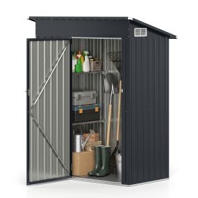 Cobertizo metálico exterior con suelo de PP y repisas ajustables 150 x 89,5 x 186 cm gris oscuro