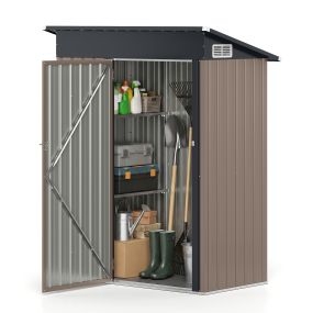 Cobertizo de metal para herramientas exterior con estantes ajustables y suelo de PP 150 x 89,5 x 186 cm gris cálido