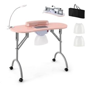 Mesa de Manicura Portátil con Ventilador Eléctrico de Aspiración Lámpara LED Flexible Bolsa de Polvo con Ruedas Bloqueables Rosa