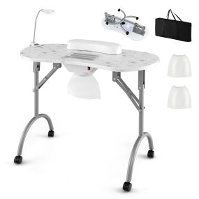 Mesa portátil para uñas con lámpara LED, colector de polvo eléctrico, 4 ruedas bloqueables, 90 x 43 x 73 cm, blanco