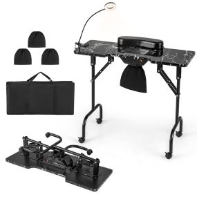 Mesa de manicura plegable con colector de polvo eléctrico, lámpara LED, 4 ruedas con freno, 90 x 40 x 77 cm, negro