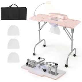 Mesa de Manicura Plegable con Colector de Polvo Eléctrico Lámpara LED 4 Ruedas con Freno 90 x 40 x 77 cm Rosa