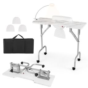 Mesa de manicura plegable con colector de polvo eléctrico, lámpara LED, 4 ruedas con freno, 90 x 40 x 77 cm, blanco