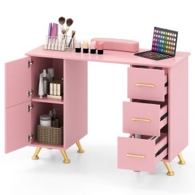Mesa de manicura con cajones y soporte para muñeca, patas de metal, rosa, 108 x 45 x 76 cm