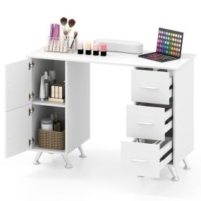 Mesa de manicura con cajones y soporte para muñeca, patas de metal, 108 x 45 x 76 cm, blanco