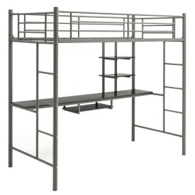 Cama alta individual con escritorio, 2 escaleras bilaterales y 2 estantes, plata