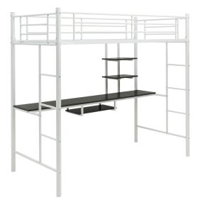 Cama alta individual blanca con escritorio, 2 escaleras bilaterales y 2 estantes de almacenamiento