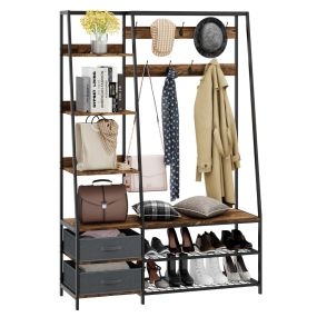 Perchero de Ropa con Banco y Zapatero Guardarropa Industrial con Banco de Entrada 2 Cajones 6 Estantes 9 Danchos 122 x 40 x 180 cm Marrón