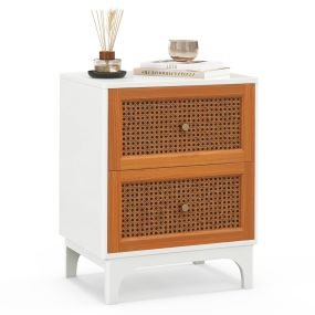 Mesita de Noche de Ratán Mesa de Bohemia con 2 Cajones Decorados Ratán Tejido Mano y Patas de Madera Maciza para Dormitorio Blanco