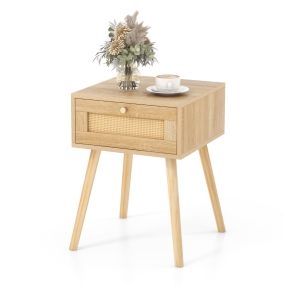 Mesita de Noche Boho con Decoración de Ratán Tejido a Mano para Dormitorio y Sala de Estar 40 x 40 x 55 cm Natural