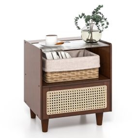 Mesa de noche de bambú y ratán con cajón y patas de madera maciza marrón 43 x 35 x 50 cm juego de 1