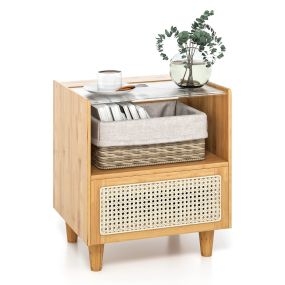 Juego de 4 muebles boho con almacenamiento e iluminación: mesa de noche, zapatero, estantería y lámpara de pie
