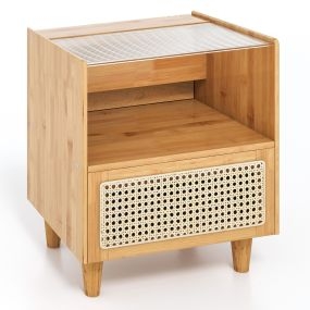 Mesa de Noche de Bambú y Ratán con Cajón y Patas de Madera Maciza Mesa Auxiliar para Dormitorio Salón Natural 43 x 35 x 50 cm-Juego de 1