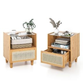 Mesa de Noche de Bambú y Ratán con Cajón y Patas de Madera Maciza Mesa Auxiliar para Dormitorio Salón Natural 43 x 35 x 50 cm-Juego de 2