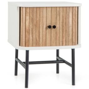 Mesita de Noche con Puertas Correderas Mesa Auxiliar para Dormitorio con Gabinete de Almacenamiento Patas de Metal 40 x 39 x 49 cm Blanco