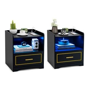 Juego de 2 Mesas de Noche LED con Estante Cajón Puerto USB 3 Colores de Luz y Iluminación Ajustable para Dormitorio 45 x 40 x 50 cm Negro