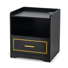 Mesa de Noche LED con Estante Cajón Puerto USB 3 Colores de Luz y Iluminación Ajustable para Dormitorio 45 x 40 x 50 cm Negro