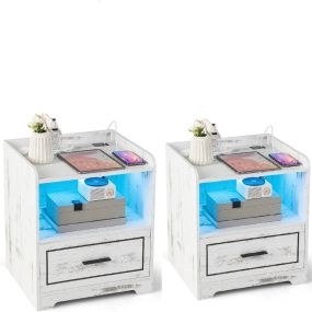 Juego de 2 Mesas de Noche LED con Estante Cajón Puerto USB 3 Colores de Luz y Iluminación Ajustable para Dormitorio 45 x 40 x 50 cm Blanco