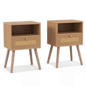 Juego de 2 Mesitas de Noche con Cajón de Ratán y Patas de Pino Resistentes y Bonitas para Dormitorio 40 x 30 x 60,5 cm Madera