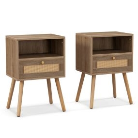 Juego de 2 Mesitas de Noche de Ratán con Cajón Mesa Decorativa Multifuncional para Sala de Estar Dormitorio 40 x 30 x 60,5 cm Natural