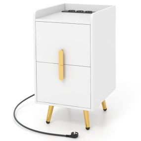 Mesita de Noche con 2 Cajones Estación de Carga Patas de Metal Resistente 2 Puertos USB 3 Salidas Mesitas Auxiliares para Sofá Blanco