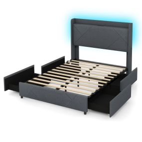 Marco de cama con LED, color y brillo ajustables, mando a distancia, cabecero y 4 cajones plegables, gris