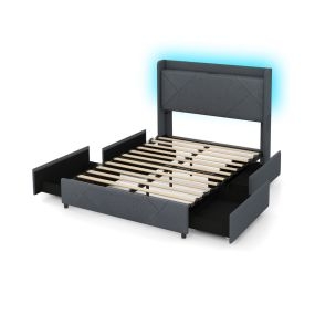 Marco de cama con lamas y LED, estación de carga USB, 4 cajones plegables, control remoto, gris, 223 x 167 x 122 cm