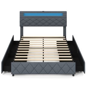 Somier matrimonio tapizado con LED USB, cajones, cabecero ajustable, 140x200 cm