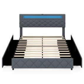 Somier Queen tapizado con LED USB, cajones, cabecero ajustable, 160x200 cm