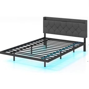 Marco de cama flotante con luces LED, cabecera tapizada ajustable y estación de carga, 140 x 200 cm, gris